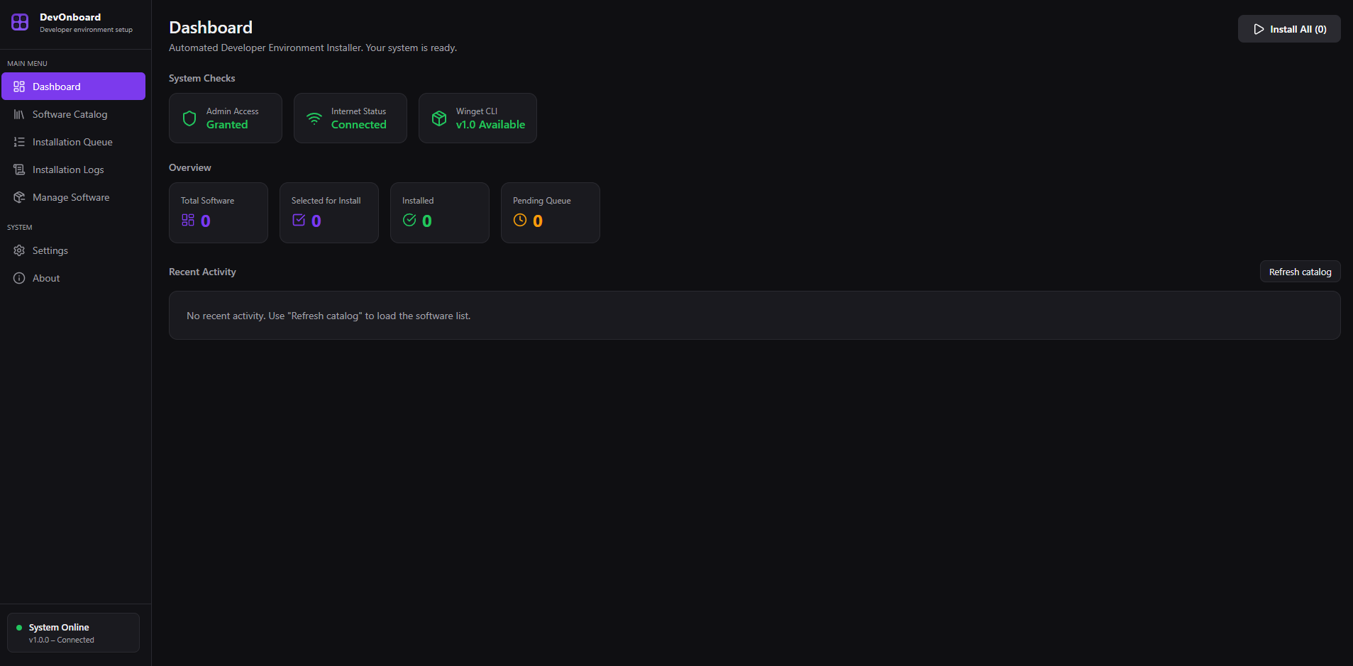 DevOnboard Dashboard – software catalog and installation view