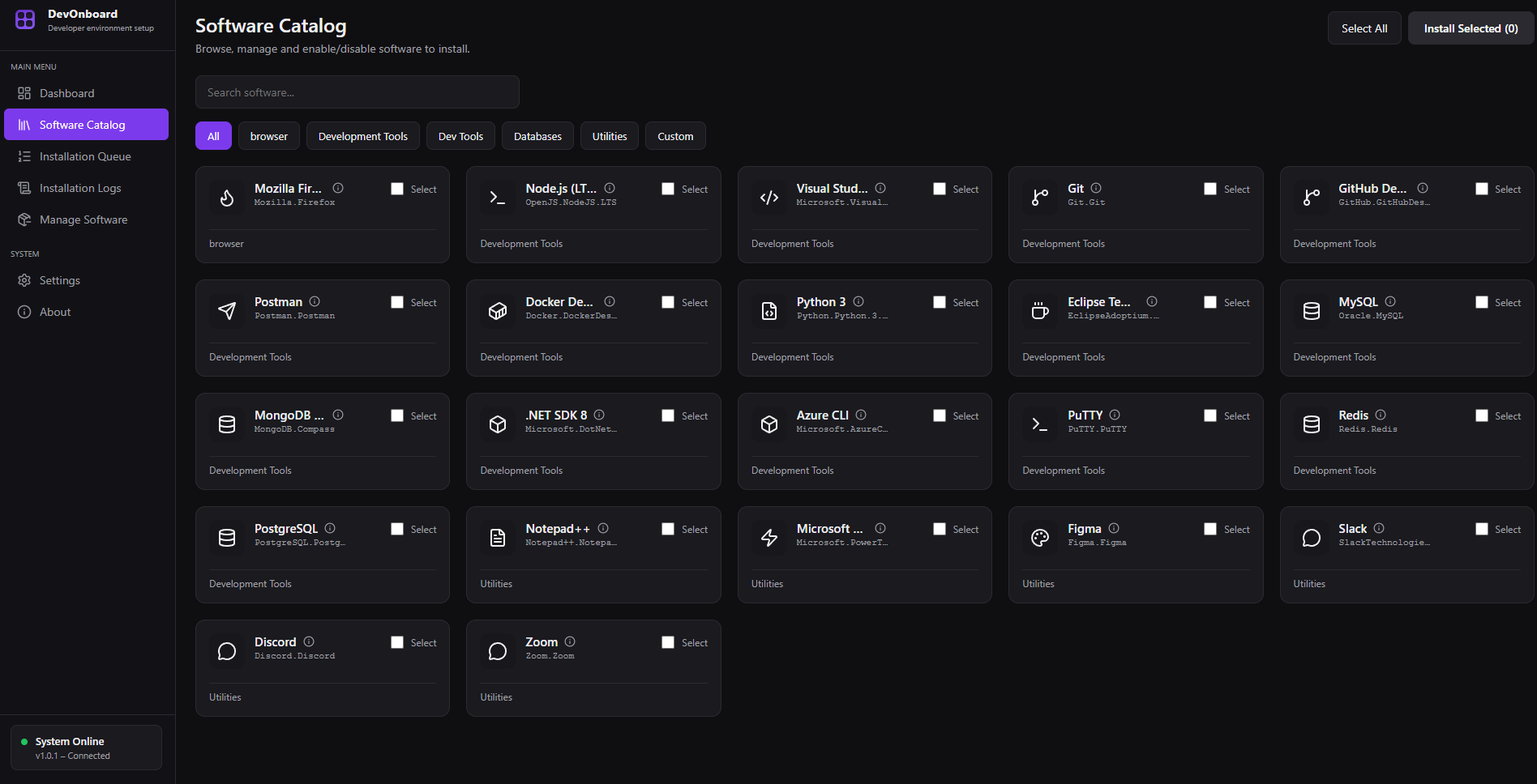 DevOnboard software catalog – browse and install dev tools via winget